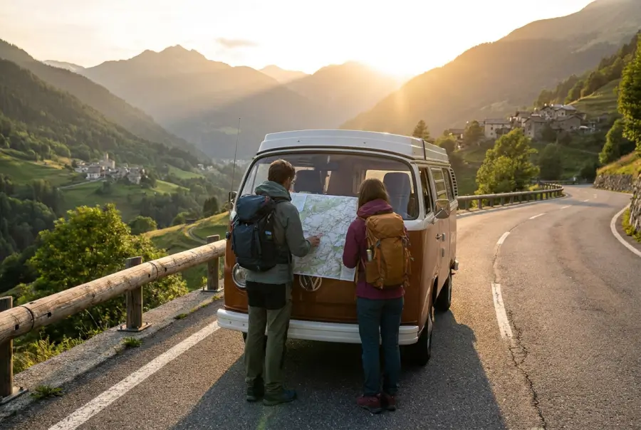 Couple consultant une carte routière pour préparer un road-trip en Europe