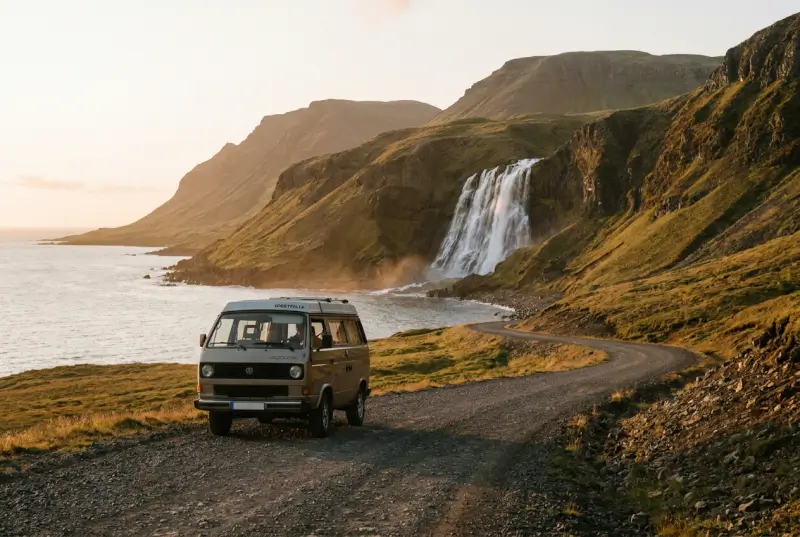 Van aménagé sur une route côtière d'Islande devant une cascade au coucher du soleil
