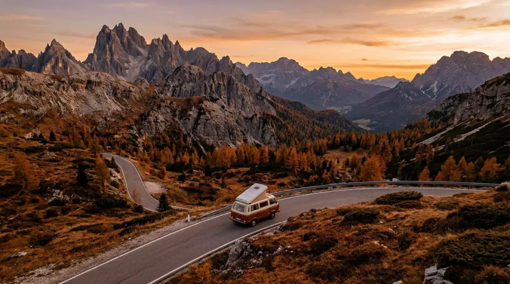 Van aménagé garé sur une route de montagne en Europe au lever du soleil