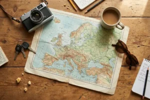 Carnet, carte et calculatrice disposés pour planifier un budget de road-trip