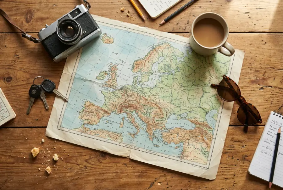 Carnet, carte et calculatrice disposés pour planifier un budget de road-trip