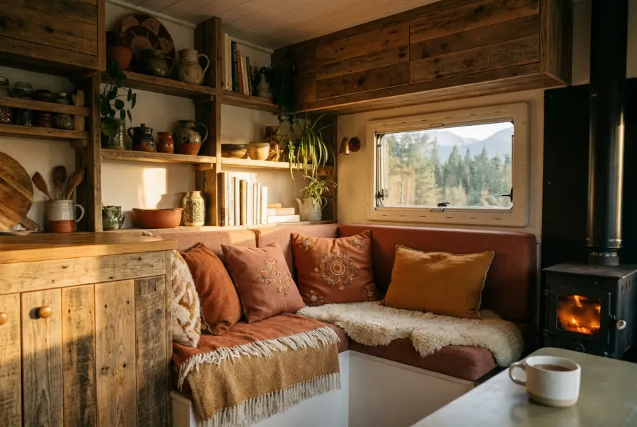 Intérieur chaleureux d'un van aménagé avec lit et rangements en bois